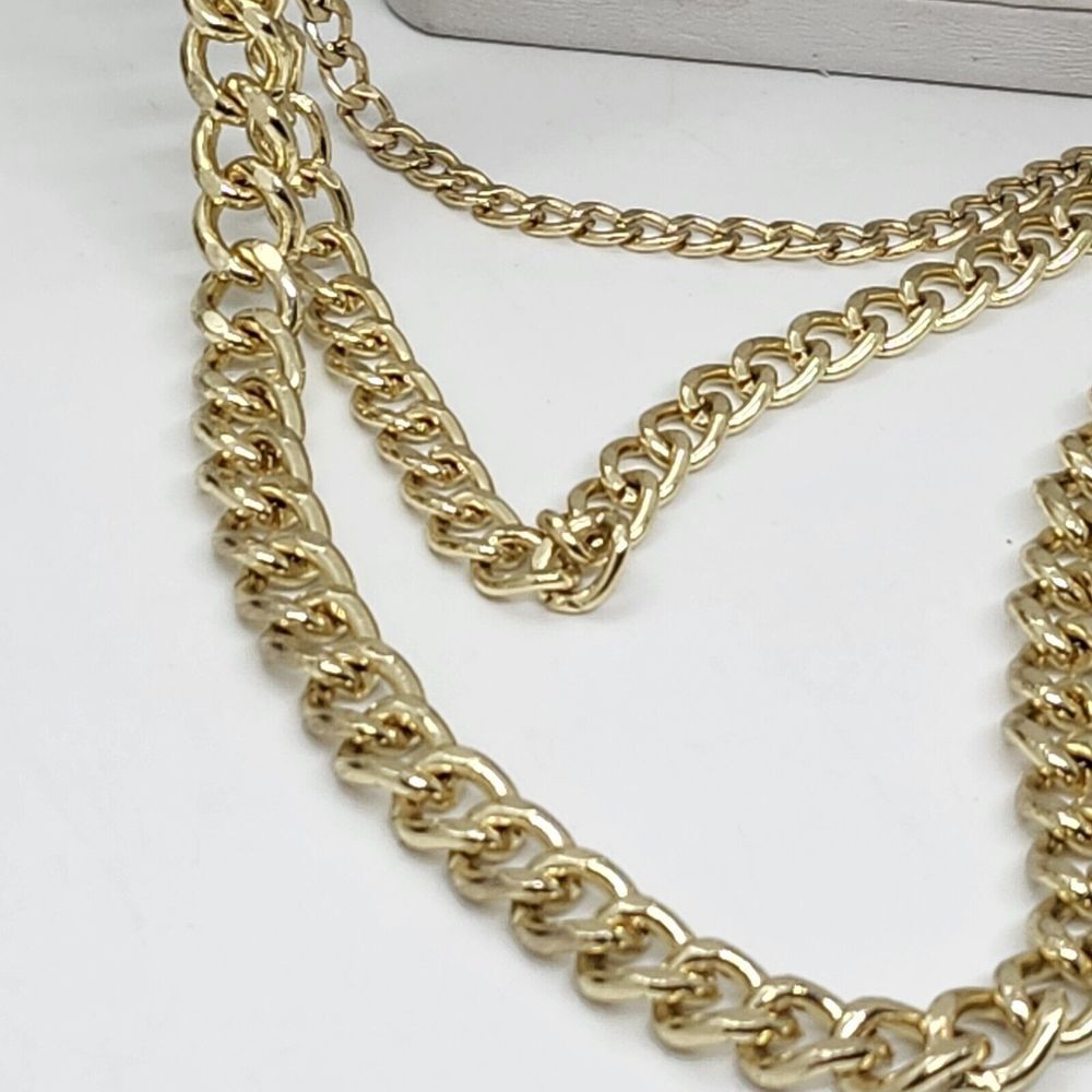 Gold Tone Layered Chain Necklace With Pink Rhinestones - Picture 4 of 7